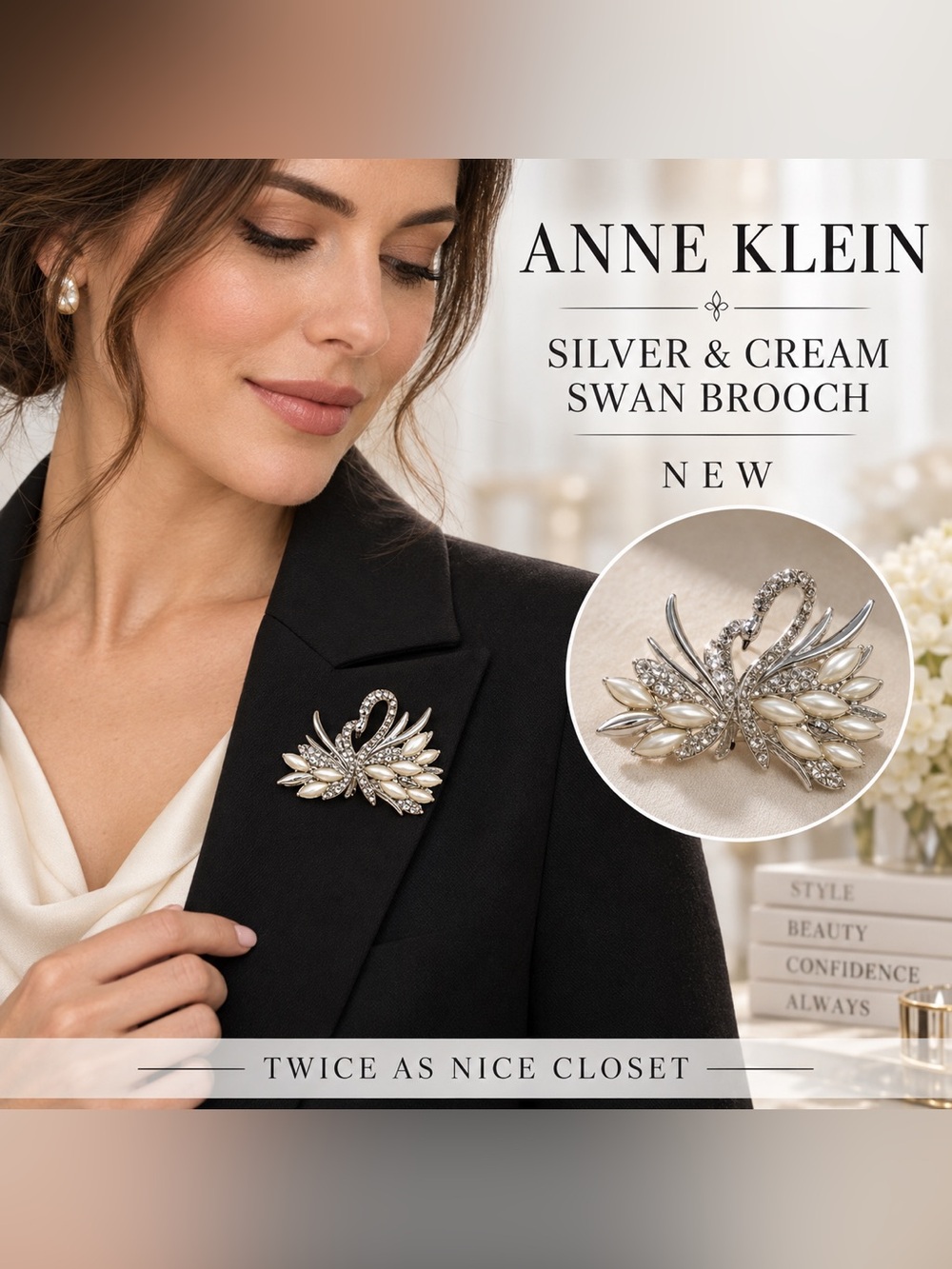 Anne Klein Silver and Cream Swan Brooch Pin NEW